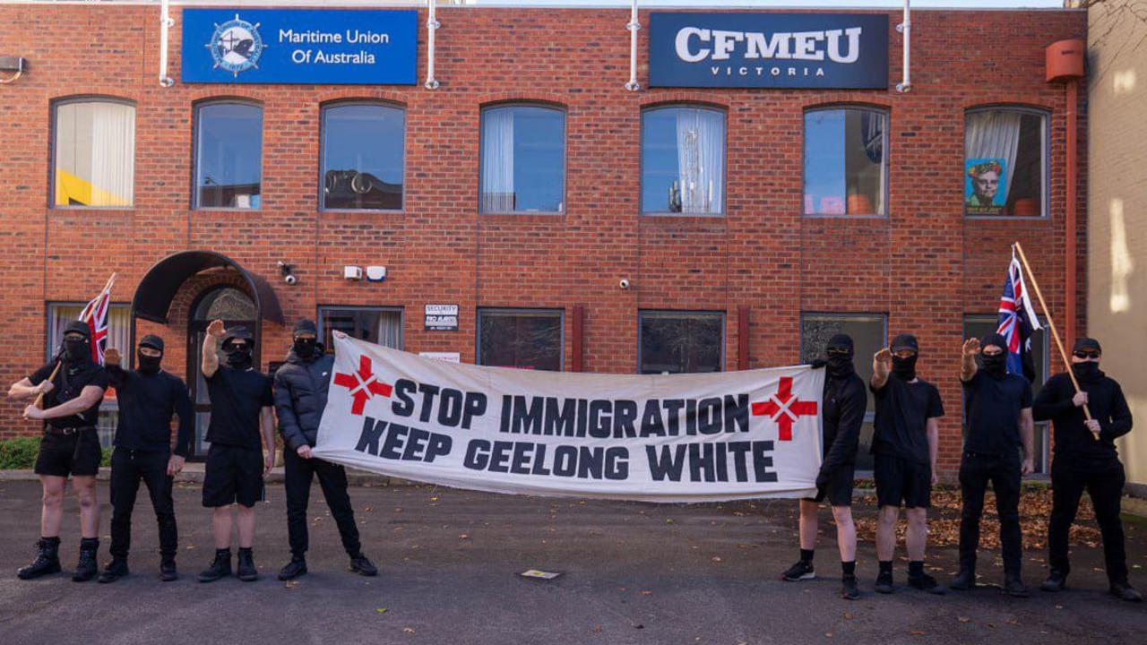 Members of the National Socialist Network pose in front of the CFMEU building in Geelong. Photo: Supplied.