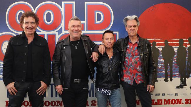 Cold Chisel band members Ian Moss, Jimmy Barnes, Phil Small and Don Walker get ready to rock Parramatta on Friday. Picture: Brett Costello