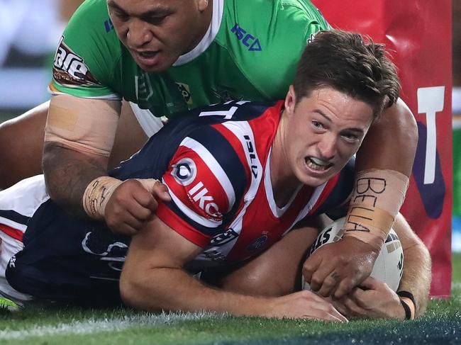 SYDNEY, AUSTRALIA - OCTOBER 06:  Sam Verrills of the Roosters celebrates scoring a try during the 2019 NRL Grand Final match between the Canberra Raiders and the Sydney Roosters at ANZ Stadium on October 06, 2019 in Sydney, Australia. (Photo by Mark Metcalfe/Getty Images)