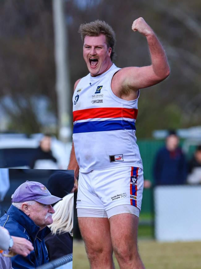 Ryan Smith celebrates as his proud dad looks on. Picture: Alan Dillon