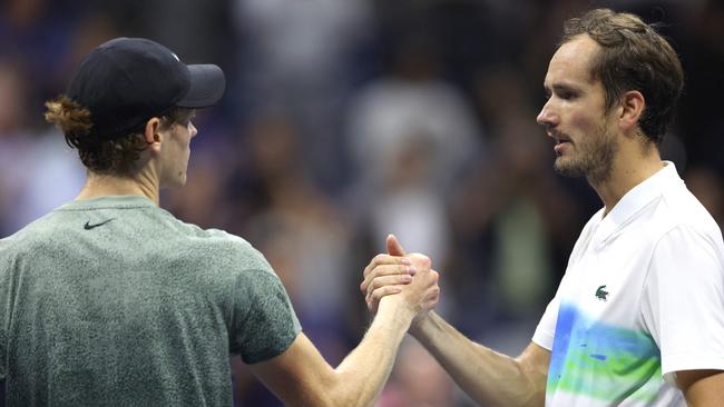 Sinner shakes hands after beating Daniil Medvedev in the US Open quarter-final. Photo: Luke Hales/Getty Images/AFP