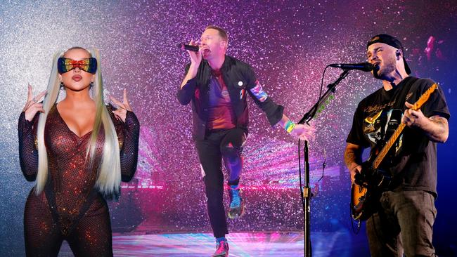 These three artists are booked to play exclusive, one-city Australian concerts in November 2023 — but is the one-off stadium show good for fans? L-R: Christina Aguilera, Coldplay singer Chris Martin and Zach Bryan.