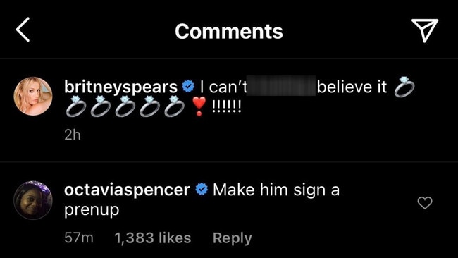 Octavia Spencer’s comment on Britney’s Instagram post.