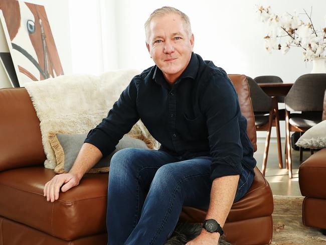 Embargoed for The Daily Telegraph. Speak to the picture desk before using. NSW Police Commissioner Michael (Mick) Fuller, pictured at home with wife Andrea and kids Mia 16 and Lara 14. Along with Barney the rescue dog. , Picture: Rohan Kelly