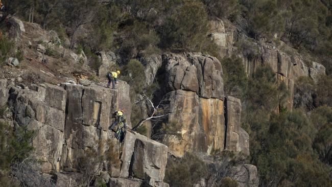 Removal of rock on the Tasman Highway near Orford. Picture ABC News Luke Bowden