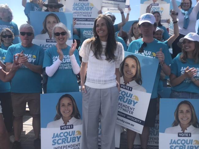 “Teal” independent Jacqui Scruby at the Bayview Yacht Racing Association clubhouse on Thursday for the launch of her campaign to win the Pittwater by-election. Picture: Jim O’Rourke