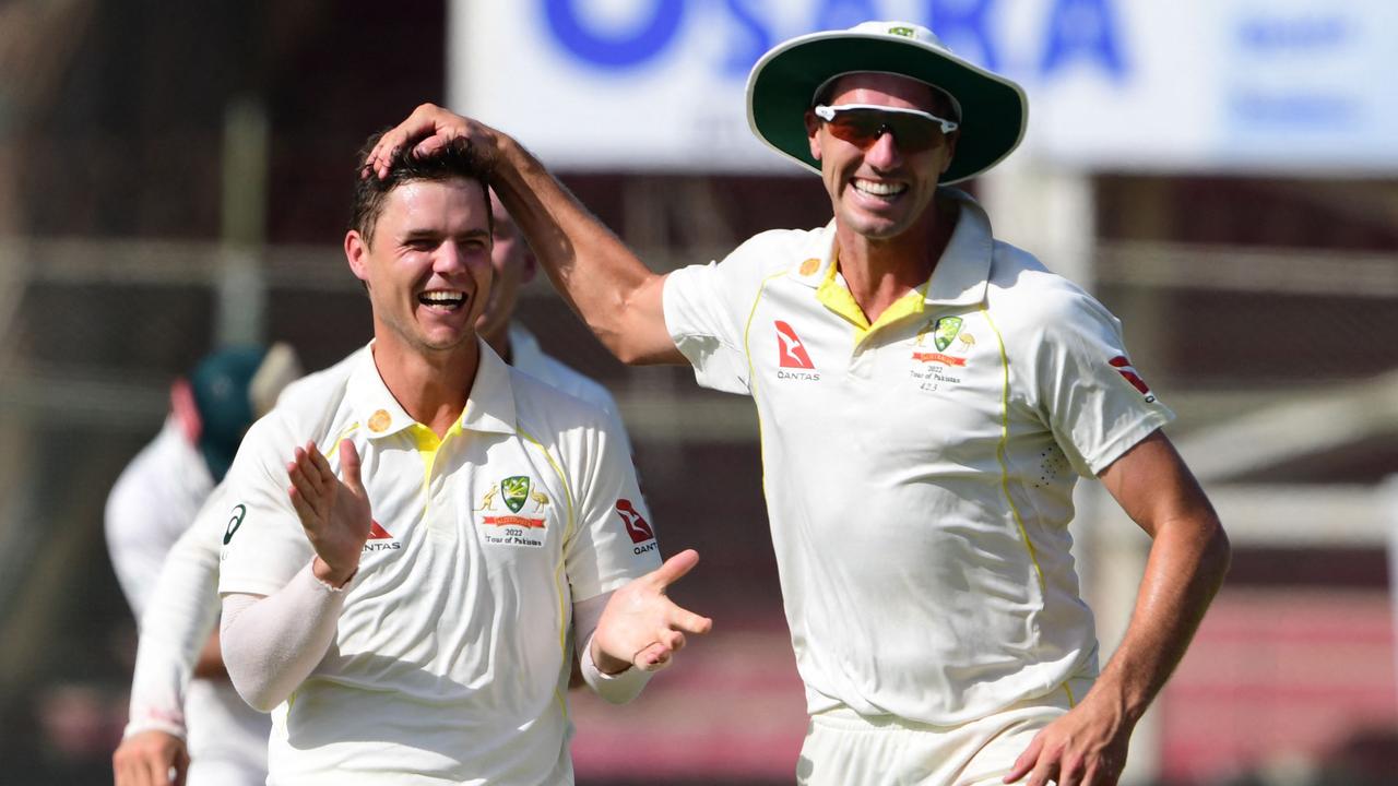 Mitchell Swepson, left, has retained his spot in Australia’s Test team for the series opener against Sri Lanka. Picture: Asif Hassan/AFP