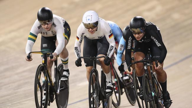 Emma Hinze (C) of Germany competes against Australia’s Stephanie Morton and Natasha Hansen of New Zealand. Picture: Getty