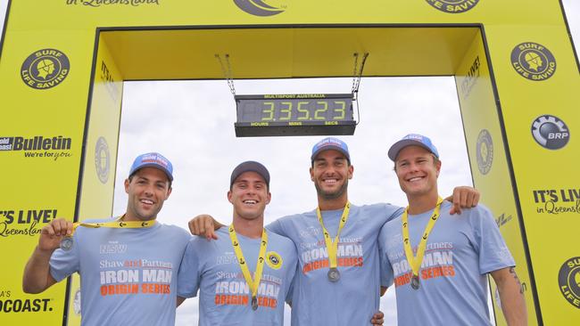 Coolangatta Gold short-course relay winners NSW beat Queensland in the first leg of their State of Origin battle. From left: Kendrick Louis, Mackenzie Hynard, Matt Poole and Hayden White. Photo: Harvpix