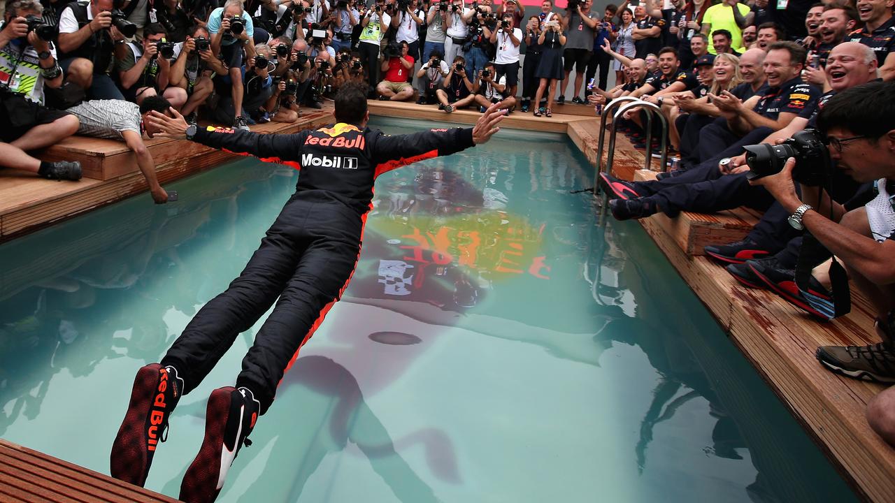 Daniel Ricciardo did a graceful belly flop into the Red Bull pool after the Monaco GP.