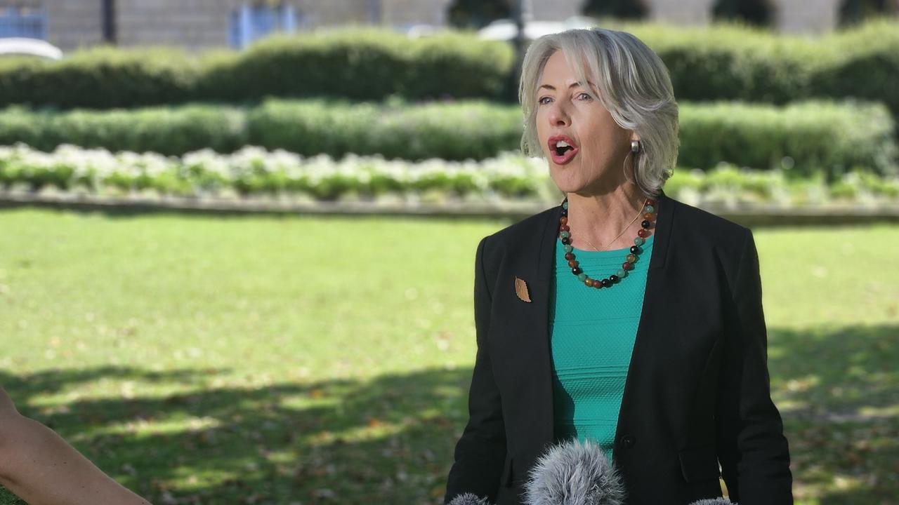 Greens leader Rosalie Woodruff speaks to the media on Parliament Lawns in Hobart on Wednesday April 2, 2025.