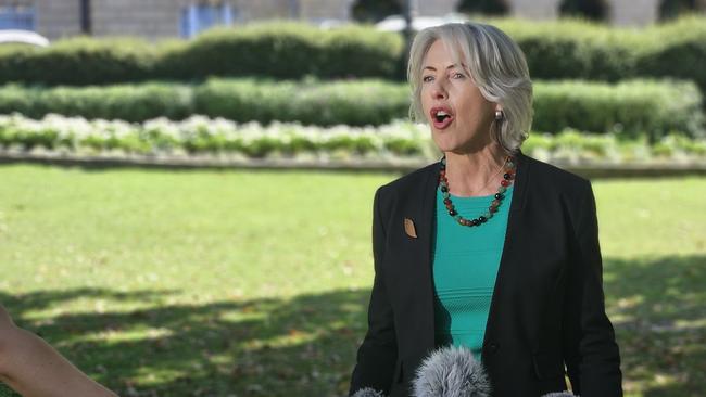 Greens leader Rosalie Woodruff speaks to the media on Parliament Lawns in Hobart on Wednesday April 2, 2025.