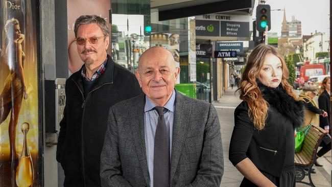 Toorak Village Traders Association president Tony Fialides (centre) with traders Don Gurr from Traffic Men’s Gifts and Amelia Lawson-Kelleway from Imp Jewellery. Picture: Penny Stephens.