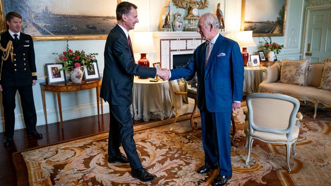 King Charles III meets with Chancellor of the Exchequer Jeremy Hunt in the private audience room at Buckingham Palace in London, England. Picture: Aaron Chown/WPA Pool/Getty Images