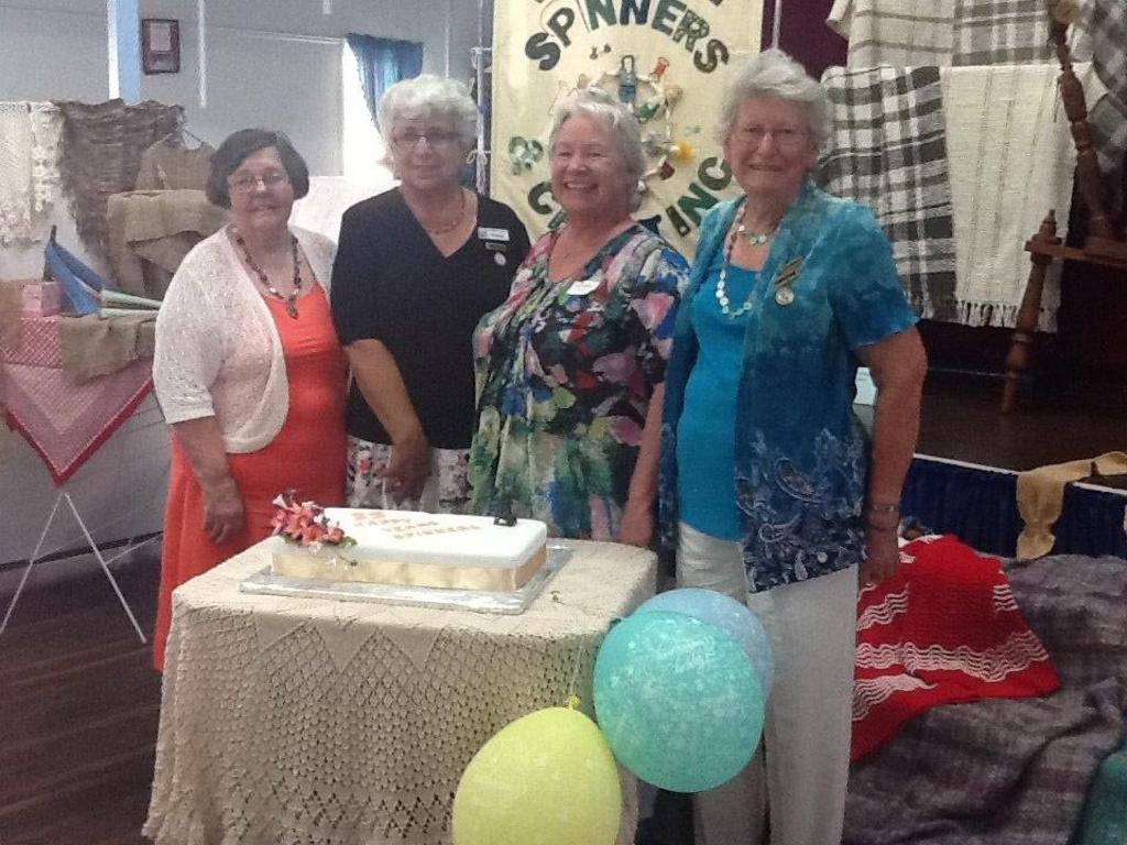 Valley Spinners foundation members (from left) Helen McEwen, Connie Muscat, first tutor Jeannie Jeffreys and Val Denning cut the cake at the clubs 35th anniversary reunion luncheon at Gargett CWA hall.Photo Contributed