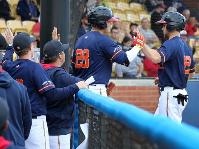 Adelaide Bite players welcome Michael Gettys back to the dugout after he scores a run in the fifth inning against Perth Heat. Picture: Dean Martin/AAP