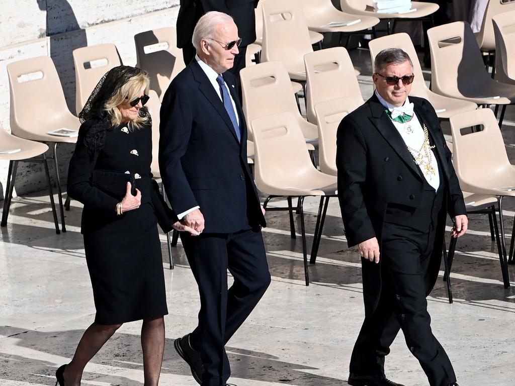 US former President Joe Biden and his wife, Jill Biden, arrive for late Pope Francis' funeral ceremony at St Peter's Square. Picture: Isabella Bonotto/AFP
