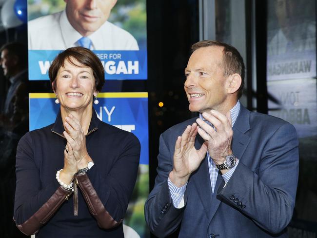 Tony Abbott with support of wife Margie, and NSW Premier Mike Baird on his election night party in Manly. Picture: Braden Fastier.