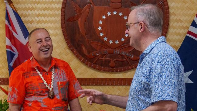 Anthony Albanese with Cook Islands Prime Minister Mark Brown after arriving in the island nation on Wednesday. Picture: X