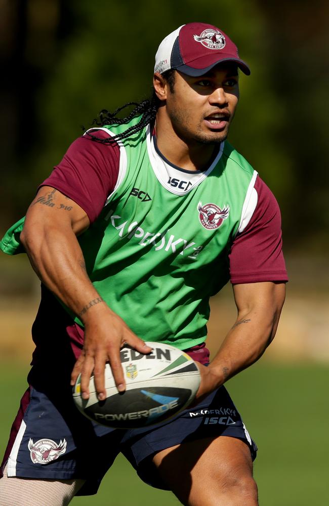 Manly's Steve Matai passes during training at Narrabeen. Picture: Gregg Porteous