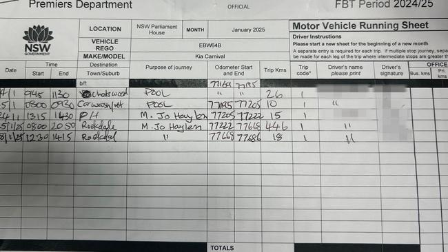 A copy of the log book revealing Jo Haylen summonsed her ministerial driver to collect her up the coast from Caves Beach before escorting her to and from private lunch at what ended up being a 446 kilometre round trip.