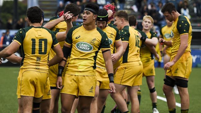 ROSARIO, ARGENTINA — JUNE 17: Players of Australia celebrates after winning a Semi Final match between Argentina U20 and Australia U20 as part of World Rugby U20 Championship 2019 at Racecourse Stadium on June 17, 2019 in Rosario, Argentina. (Photo by Marcelo Endelli — World Rugby/Getty Images)