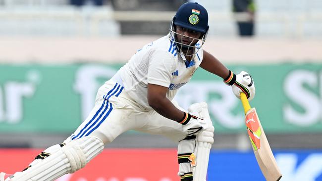 Sarfaraz Khan follow his shot to the fence in the fourth Test against England in Ranchi