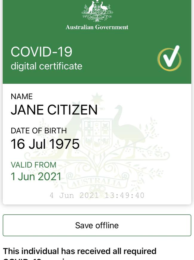 Australian Government Covid-19 digital certificate sample. Picture: Supplied