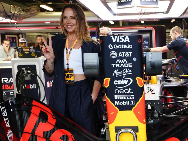 Spice Girl Melanie C in the garage prior to the F1 Grand Prix. Picture: Getty