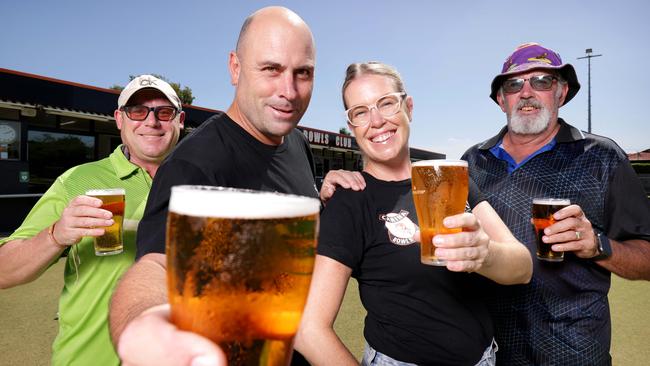 L to R, Graham ÃSpudÃ Carroll from Morningside, Graham McCarthy from BellmontVanessa Poole from Redland Bay, Tony ÃDiggerÃ Downey from Carina, they have Brisbane's Cheapest Beer. Carina Bowls has beers starting at $5.50, or $4.50 at happy hour, Carina, on Thursday 23rd January 2025 - Photo Steve Pohlner