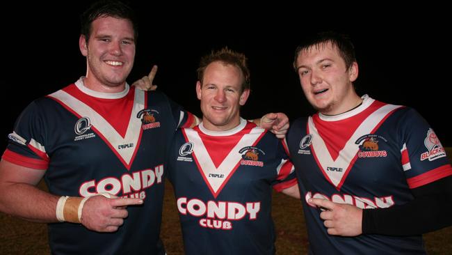 Ryan Kinlyside with teammates Garth Miller and Jack Smith celebrate scoring tries in a 2012 game against the Valleys. Picture: Warwick Daily News