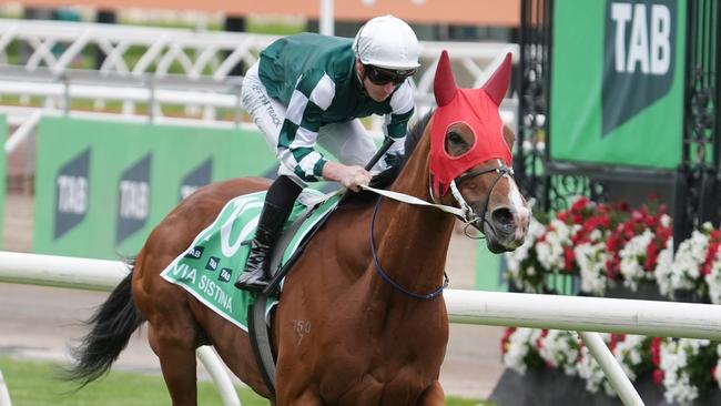 Via Sistina (IRE) ridden by James McDonald before the TAB Champions Stakes at Flemington Racecourse on November 09, 2024 in Flemington, Australia. (Photo by Jay Town/Racing Photos via Getty Images)