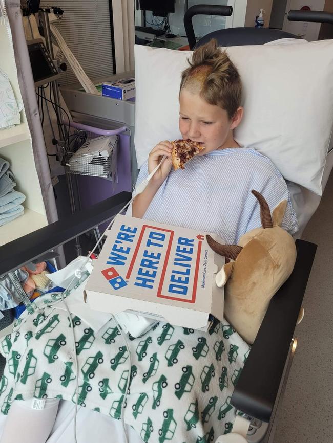 Hillcrest student Declean recovers in hospital following the jumping castle tragedy in Devonport. Pic: Facebook.