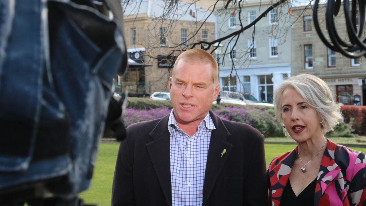 Greens candidate Vica Bayley and Greens acting leader Rosalie Woodruff on Parliament Lawns in Hobart on Friday, July 14, 2023.