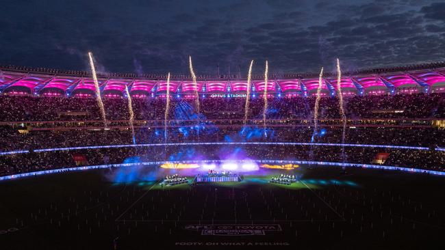 Halftime fireworks under lights at the 2021 AFL Grand Final. Picture: Stefan Gosatti/AFL Photos/Getty Images