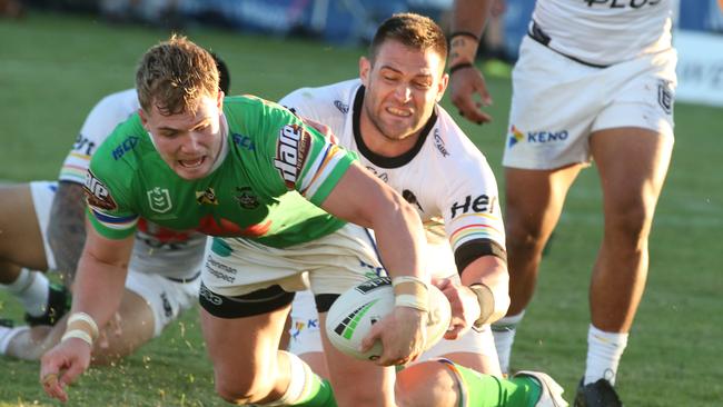 Hudson Young of the Raiders scores a try during the round eight NRL match between the Canberra Raiders and the Penrith Panthers at McDonalds Park on May 04, 2019. Picture: Mark Evans/Getty Images