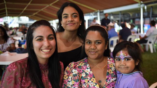 Ashton Sealy, Sharanya Shantharam, Christine Salaa and Lalita Salaa, 4, at the Chief Minister's Cup Day at the Darwin Turf Club on Saturday, July 15.