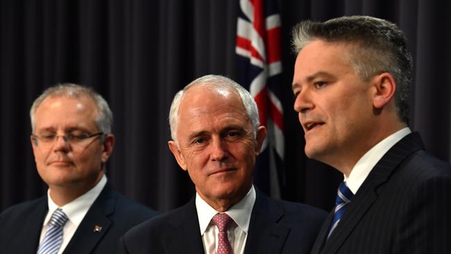 Treasurer Scott Morrison, Prime Minister Malcolm Turnbull and Minister for Finance Senator Mathias Cormann. Picture: AAP