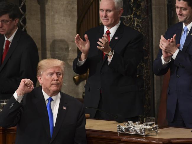 President Donald Trump clearly happy with himself at the end of his address. Picture: AP/Susan Walsh