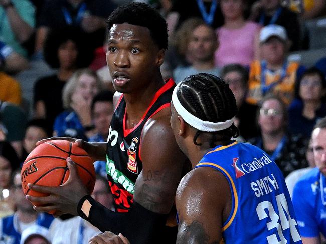 BRISBANE, AUSTRALIA - NOVEMBER 18: Kristian Doolittle of the Wildcats looks for his support during the round eight NBL match between the Brisbane Bullets and Perth Wildcats at Nissan Arena, on November 18, 2023, in Brisbane, Australia. (Photo by Bradley Kanaris/Getty Images)