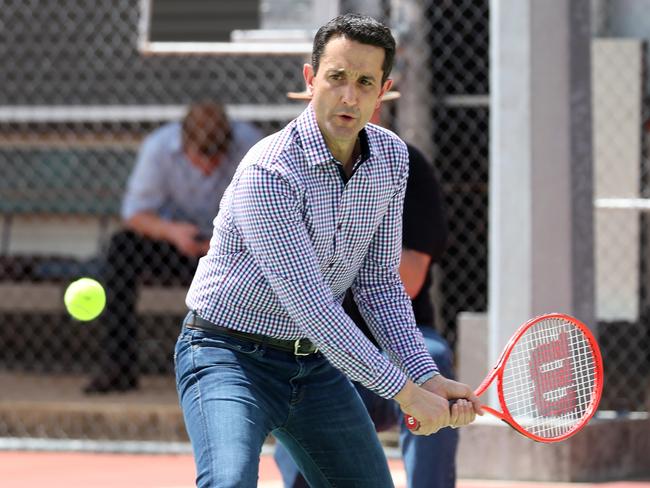 Leader of the Opposition David Crisafulli playing tennis during his tour of Ingham Tennis Court Complex. Picture: Liam Kidston.