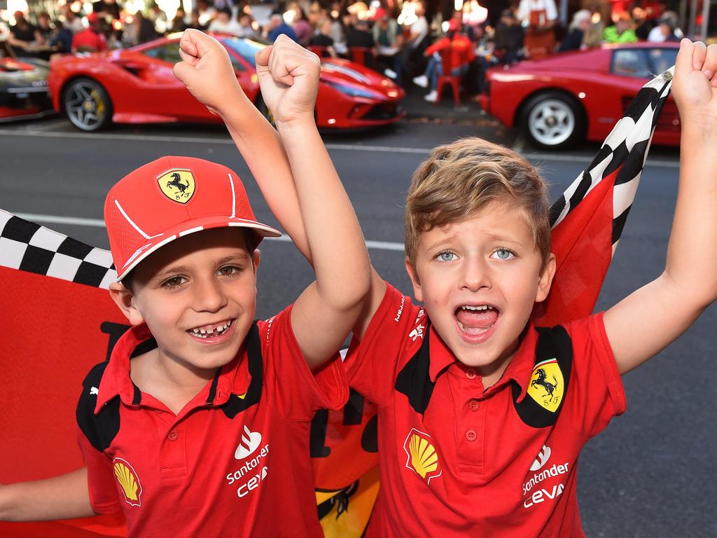 Ashton, 6, and Aydin, 5, in their Ferrari gear. Picture: Josie Hayden