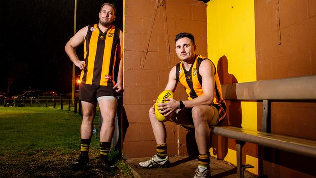 Hackham’s Chris Smith and Luke Allan (player/coach) are hopeful the club’s application to join the Adelaide Footy league in 2021 will be accepted. Picture: Morgan Sette