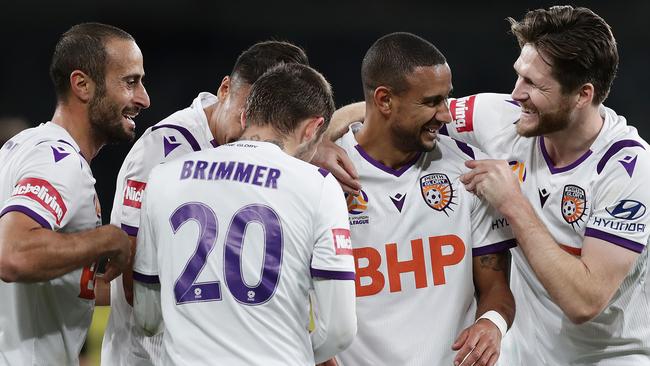 James Meredith of the Glory celebrates his late strike with teammates Picture: Getty Images