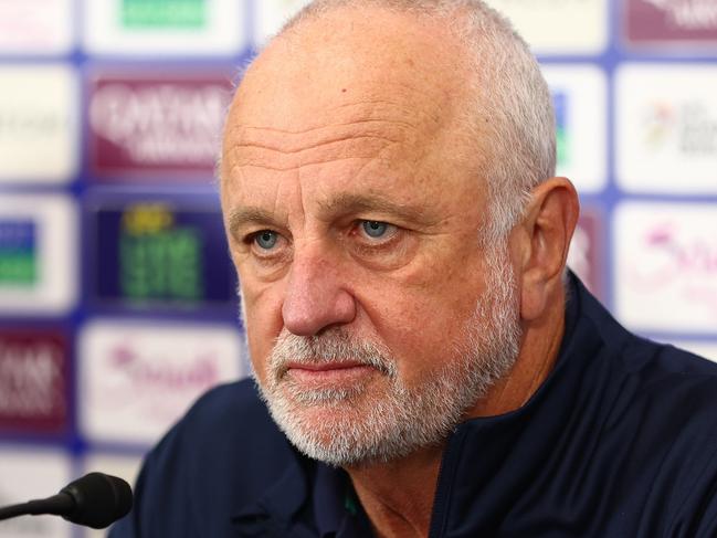 GOLD COAST, AUSTRALIA - SEPTEMBER 05: Australian Head Coach Graham Arnold speaks to the media after the round three 2026 FIFA World Cup AFC Asian Qualifier match between Australia Socceroos and Bahrain at Robina Stadium on September 05, 2024 in Gold Coast, Australia. (Photo by Chris Hyde/Getty Images)