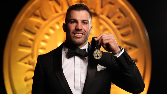 James Tedesco shows off the Dally M Medal at the Hordern Pavillion in Sydney. Picture: Brett Costello