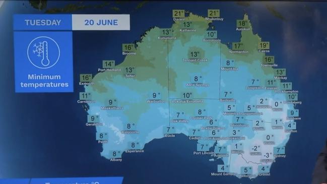 Temperatures will drop below freezing in parts of Tasmania, Victoria, the ACT and NSW. Picture: BOM