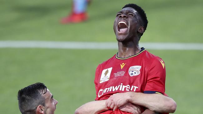 SOCCER - FFA CUP FINAL - Adelaide United v Melbourne City at Coopers Stadium. Al Hassan Toure celebrates his goal in the first half Picture SARAH REED