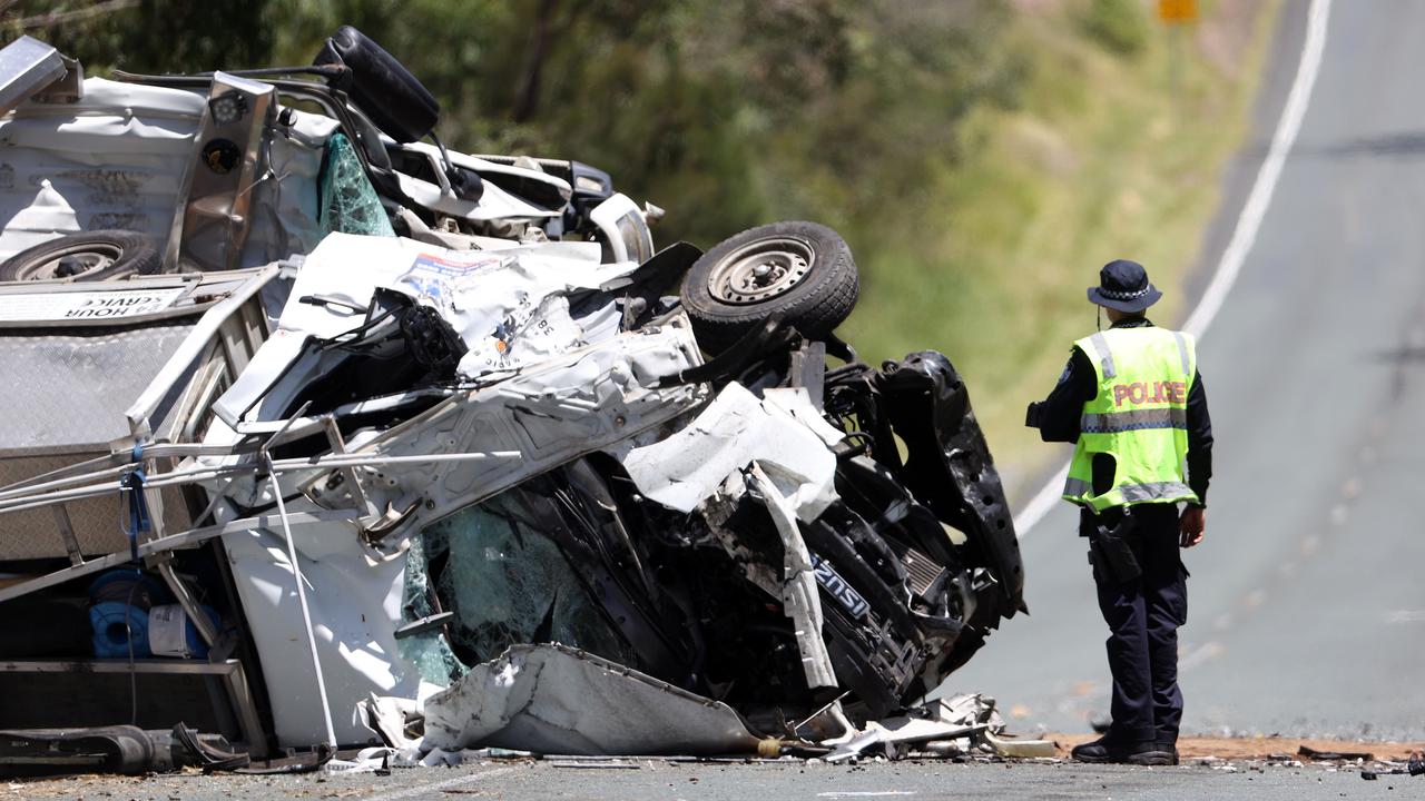 Police at the scene of the Greenbank truck crash. Picture: Tara Croser