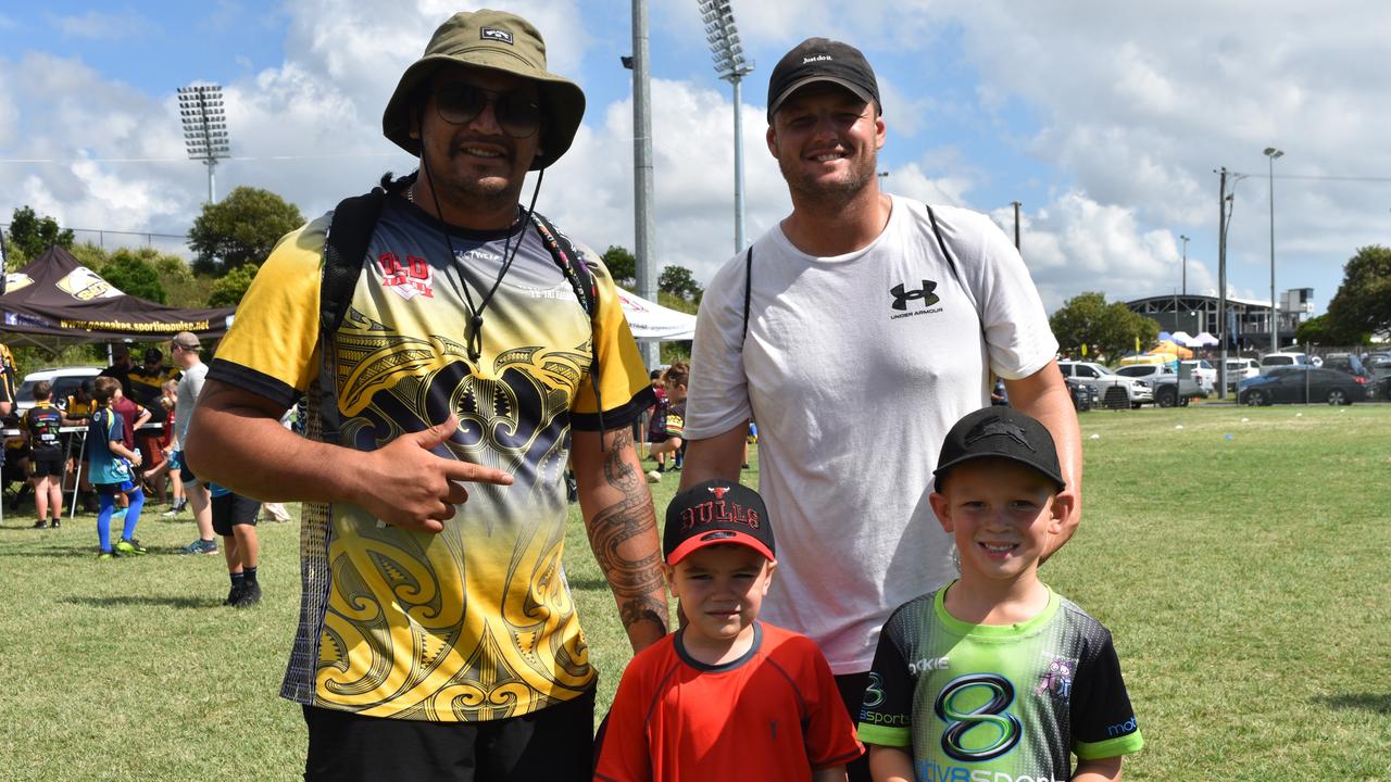 Katene and Stewart Slater with Jake and Jack McCrae at the Play Something Unreal rugby league clinic in Kawana. Picture: Sam Turner